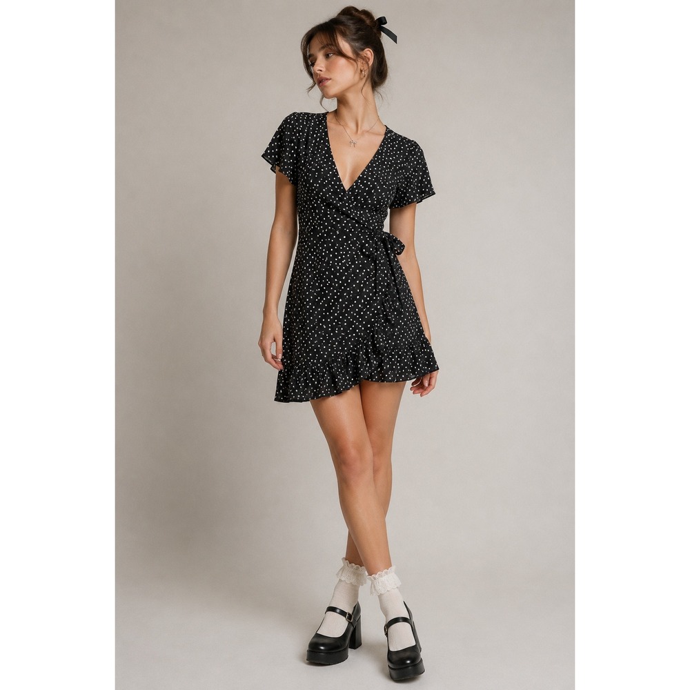 Chiffon Wrap Mini Dress S Black White Polka‎ Dot Ruffle Retro Mod Parisian Chic